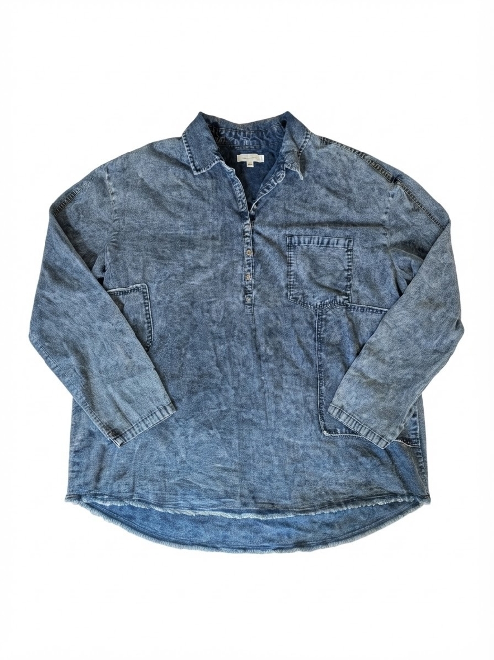 Wonderly Acid Wash Denim Top XL Blue Raw Hem Pocket Grunge Indie Sleeze Boho